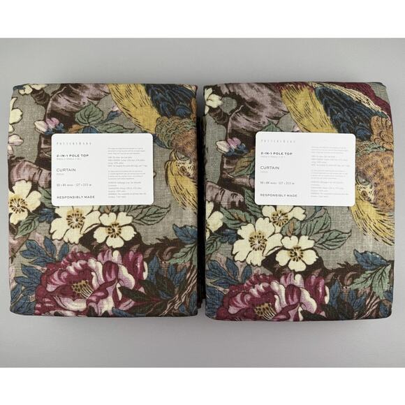 Pottery Barn 2-in-1 Pole Top Curtains PHEASANT FLORAL 50x84 Set of 2 Linen Blend - Picture 1 of 7